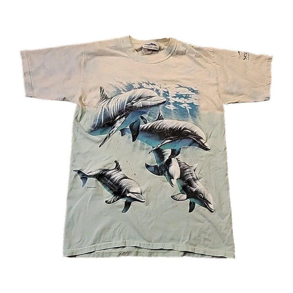 Vintage Sea World T-Shirt Adult Small Dolphins Fish Print Graphic Discovery Cove